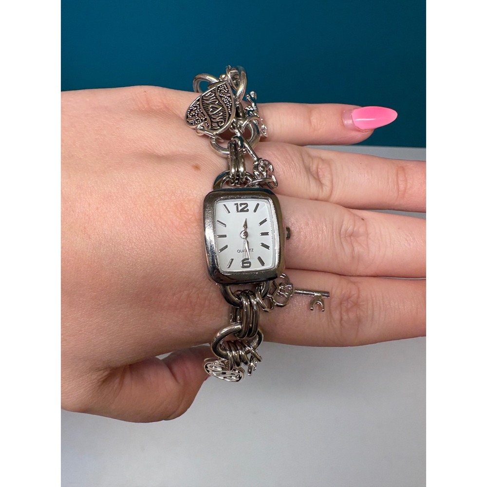 Silver Tone Square Face Quartz Charm Watch Hearts Keys Mom Bracelet